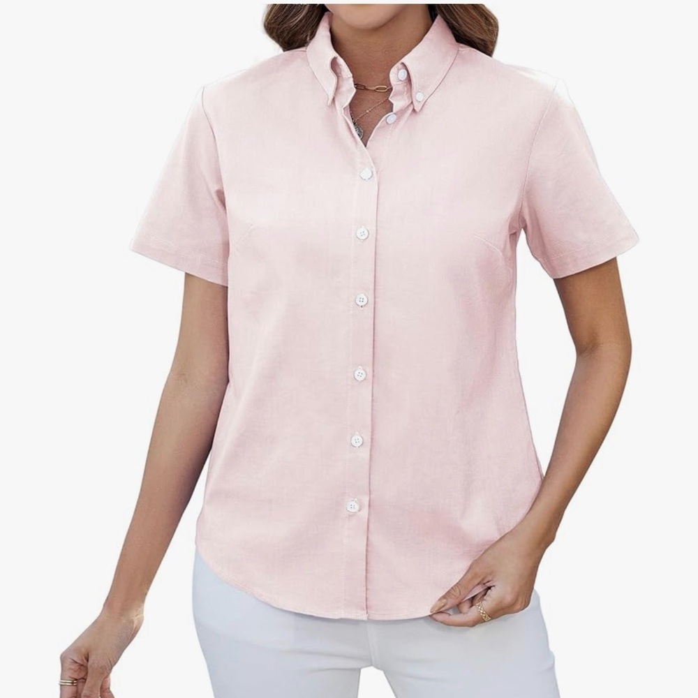 Button Down Shirt Oxford Short Sleeve Wrinkle Free Blouse